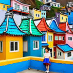 **A vibrant, whimsical mural in Gamcheon Culture Village (Busan), South Korea, featuring colorful houses and the Little Prince statue. Capture the feeling of being in a fairytale.**