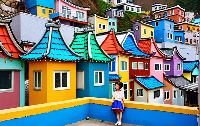 **A vibrant, whimsical mural in Gamcheon Culture Village (Busan), South Korea, featuring colorful houses and the Little Prince statue. Capture the feeling of being in a fairytale.**
