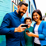 A joyful family, including a mother, father, and two children, fully clothed in modest, comfortable, and family-friendly attire, explores a vibrant, colorful mural village. One child holds a smartphone, looking with wide-eyed wonder as an augmented reality character, slightly translucent and dynamic, appears to animate from the wall, interacting with the painted scene. The alley is filled with intricate, whimsical murals under bright daylight. Professional photography, high quality, perfect anatomy, correct proportions, natural pose, well-formed hands, proper finger count, natural body proportions, safe for work, appropriate content, fully clothed, family-friendly.