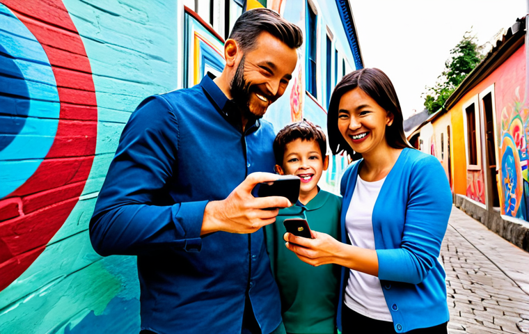 A joyful family, including a mother, father, and two children, fully clothed in modest, comfortable, and family-friendly attire, explores a vibrant, colorful mural village. One child holds a smartphone, looking with wide-eyed wonder as an augmented reality character, slightly translucent and dynamic, appears to animate from the wall, interacting with the painted scene. The alley is filled with intricate, whimsical murals under bright daylight. Professional photography, high quality, perfect anatomy, correct proportions, natural pose, well-formed hands, proper finger count, natural body proportions, safe for work, appropriate content, fully clothed, family-friendly.
